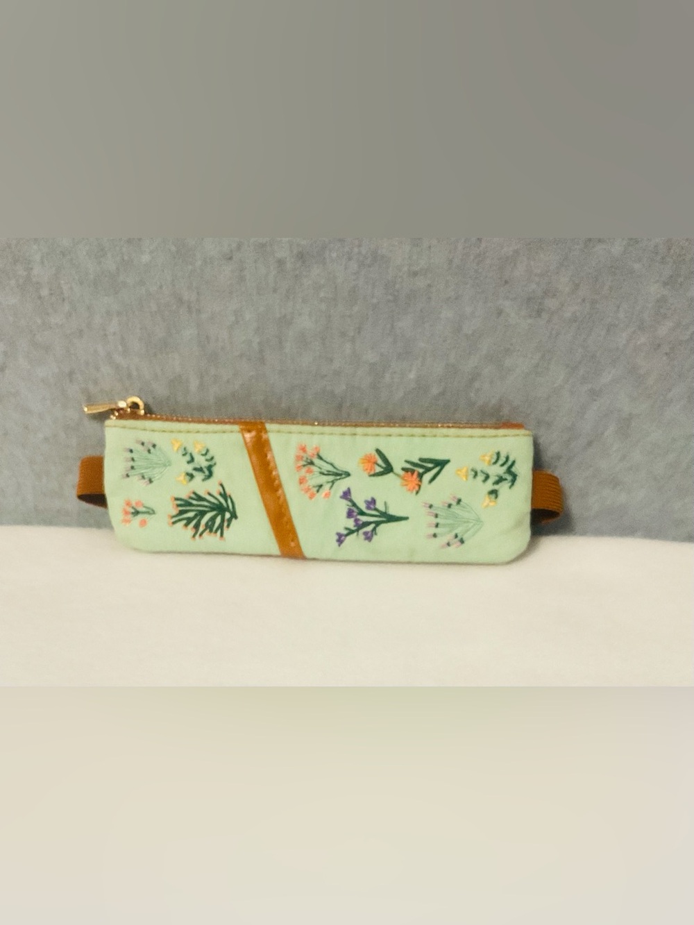 Denik Mint Floral Embroidered Pencil Case with Tan Accent